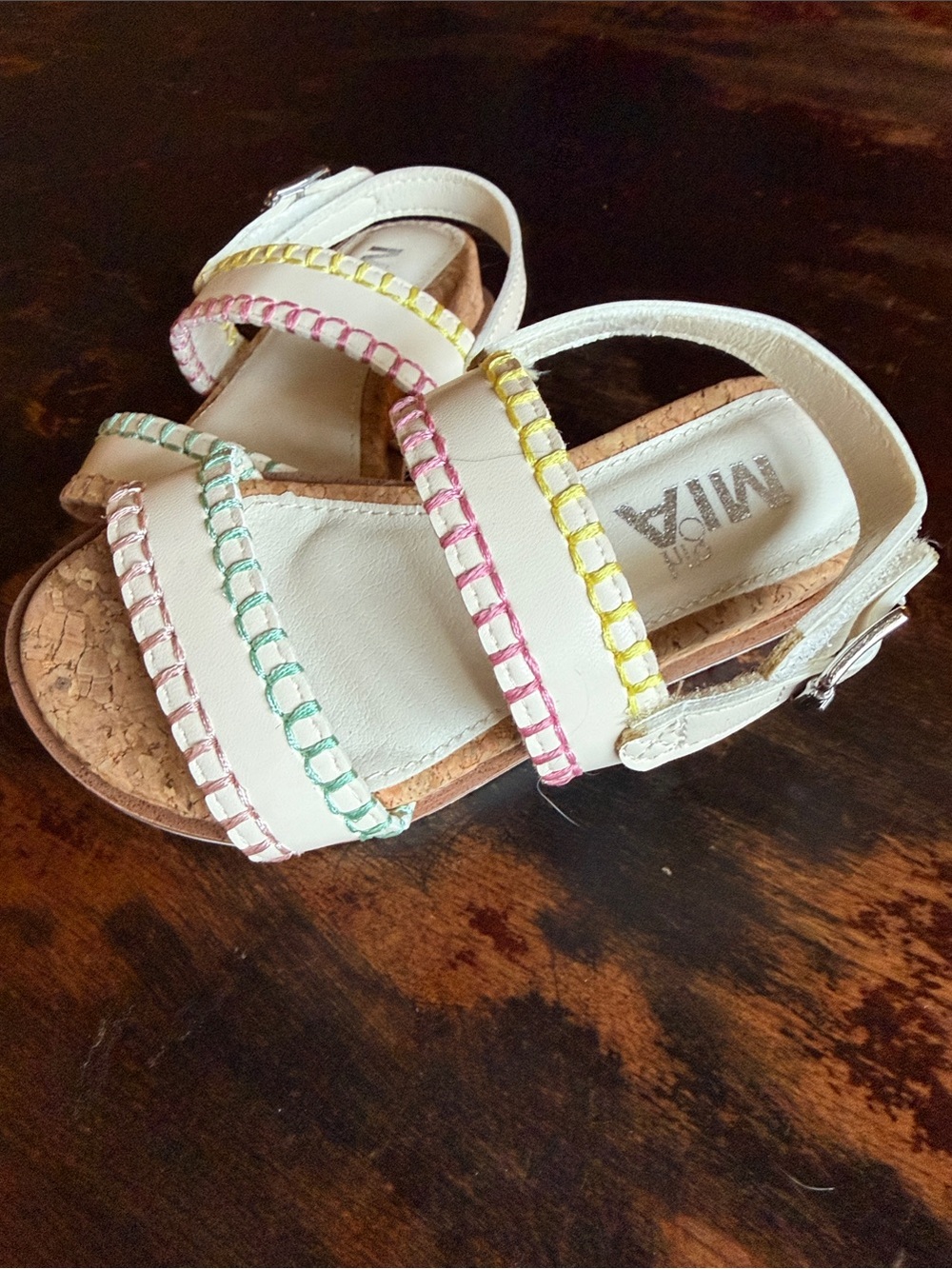 MIA White Kids Sandals with Pink, Yellow & Green Stitching